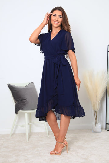 Navy Chiffon Wrap Dress With Tea Sleeve Double Second